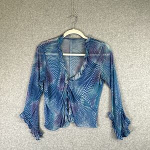 Blue Abstract Mesh Disco Top Size XS Crop Button Front Long Ruffle Flare Sleeve‎